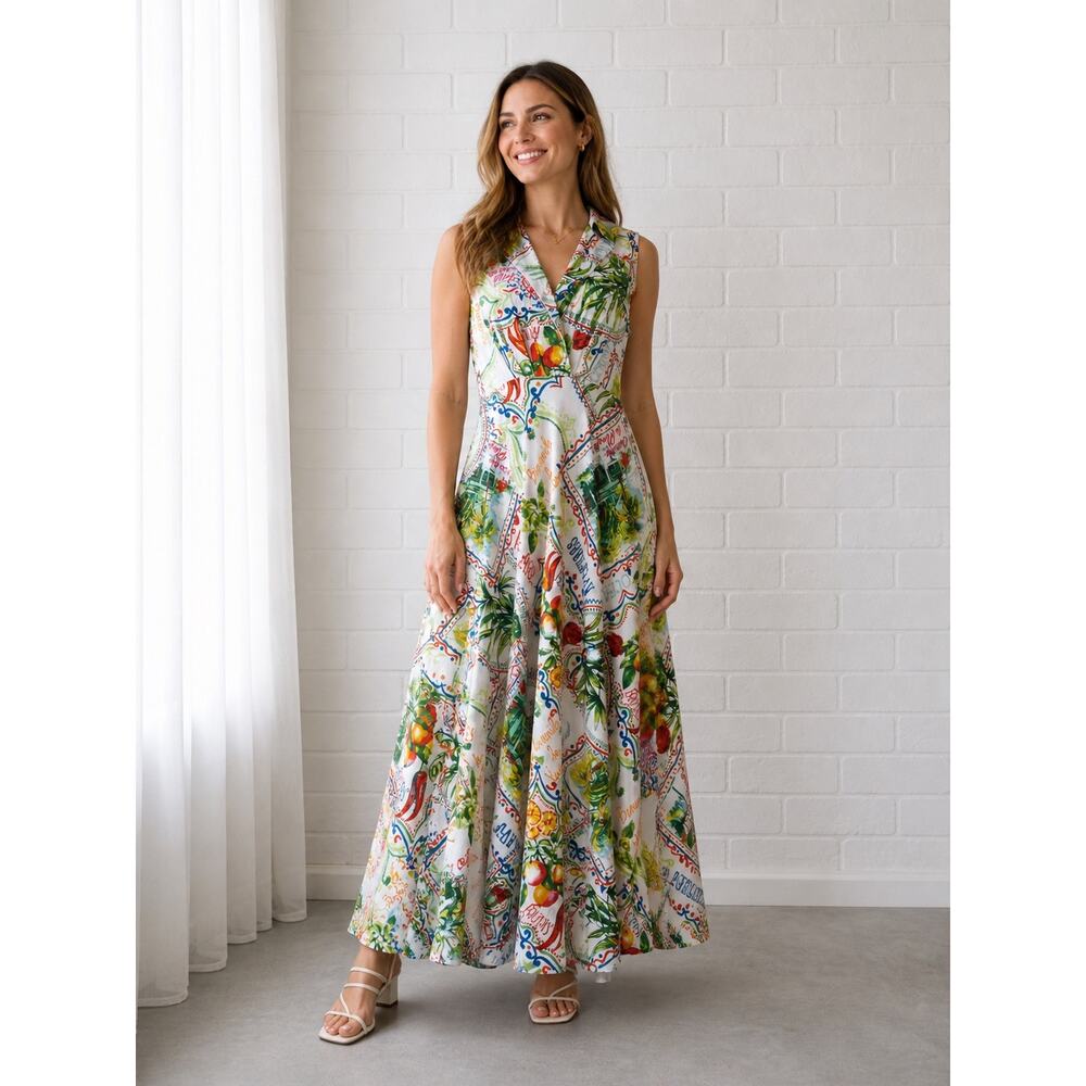 Truly 4 You Maxi Dress Womens M Tropical Italy Fruit Print Sleeveless Garden